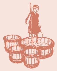 drawing of a worker treading on miso in a vat