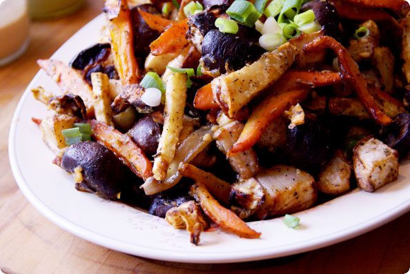 maple miso root vegetable medley on a plate