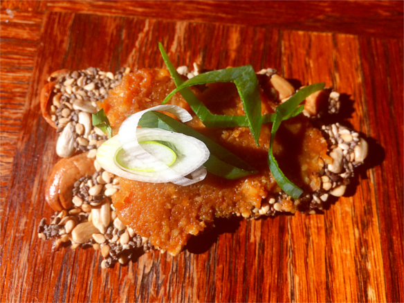 tamari seed cracker with barley miso and garnish